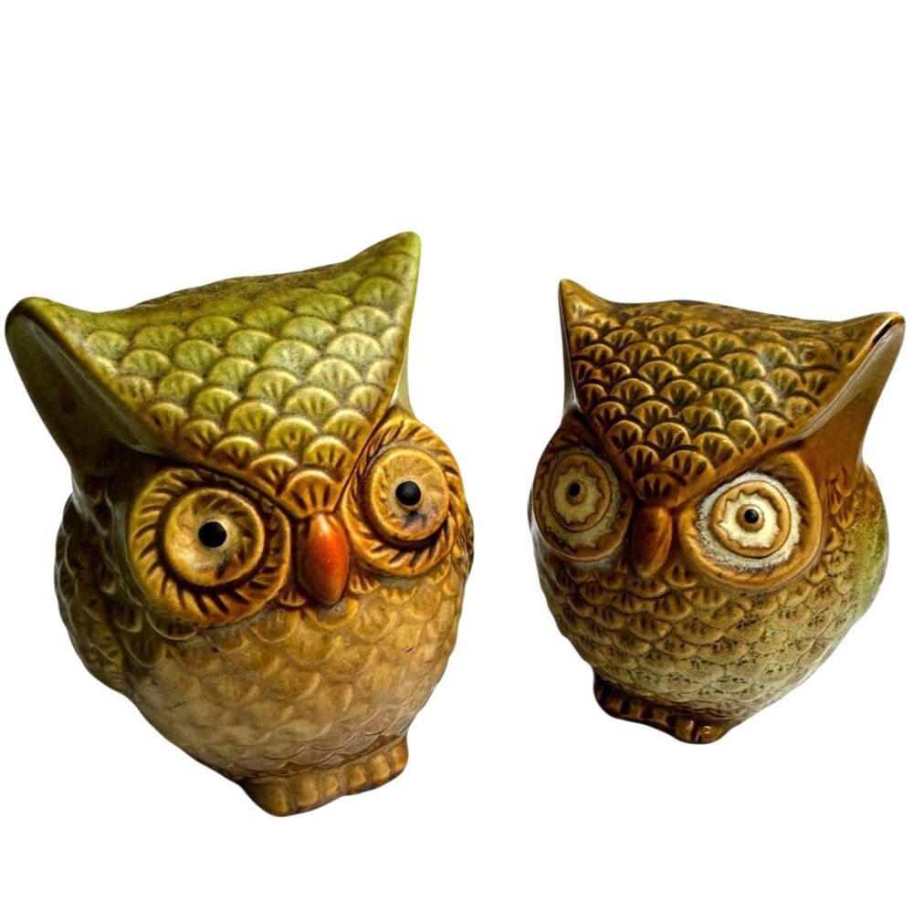 Vintage Owl Figurine Pair Glazed Ceramic Pottery Textured Feathers Decor Accent